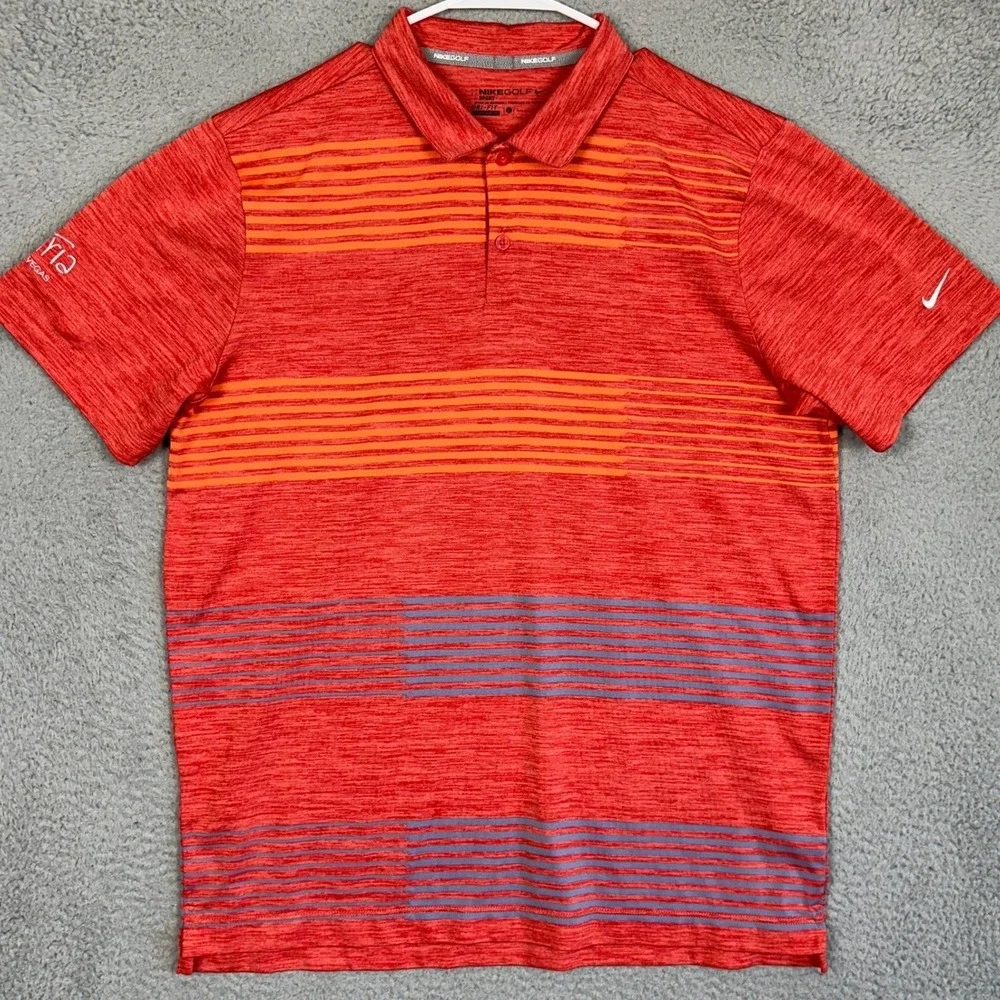 Nike Golf Sport Polo Shirt Mens Large Red Striped Dri-Fit Performance Rugby Logo